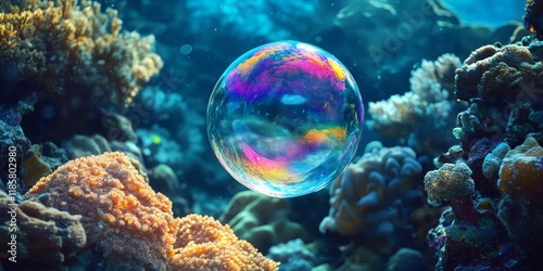 A vibrant, colorful soap bubble resembling a rainbow floats gracefully above a stunning coral reef beneath the waters surface, creating a captivating underwater scene. photo