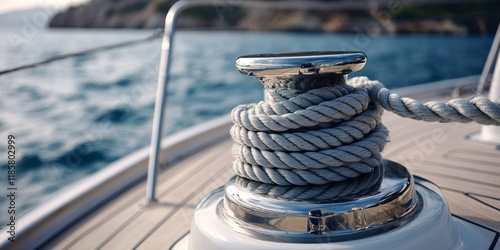 Detail of a yacht showcasing a grey rope securely tied around a metal cleat emphasizes the intricate connection between yacht components and craftsmanship in nautical design.