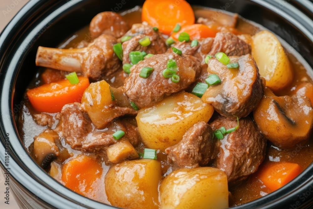 A bowl of chunky beef stew with vegetables A bowl of chunky beef stew with vegetables