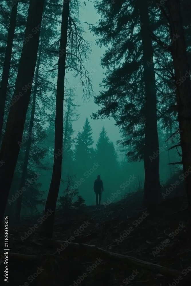Fototapeta premium Eerie figure wanders through a dark forest shrouded in fog and mystery under a haunting glow