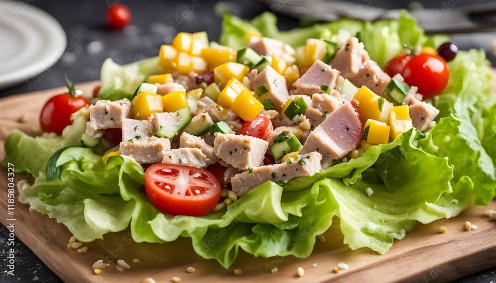 Tuna Fish Salad with Lettuce, Cherry Tomatoes, Cucumber and Corn.
Tuna Fish Salad with Lettuce, Cherry Tomatoes, Cucumber and Corn.