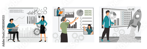 Business Professionals Discussing Data and Analysis. Online Collaboration Tools. Growth Analysis and Rocket. Set flat vector modern illustration