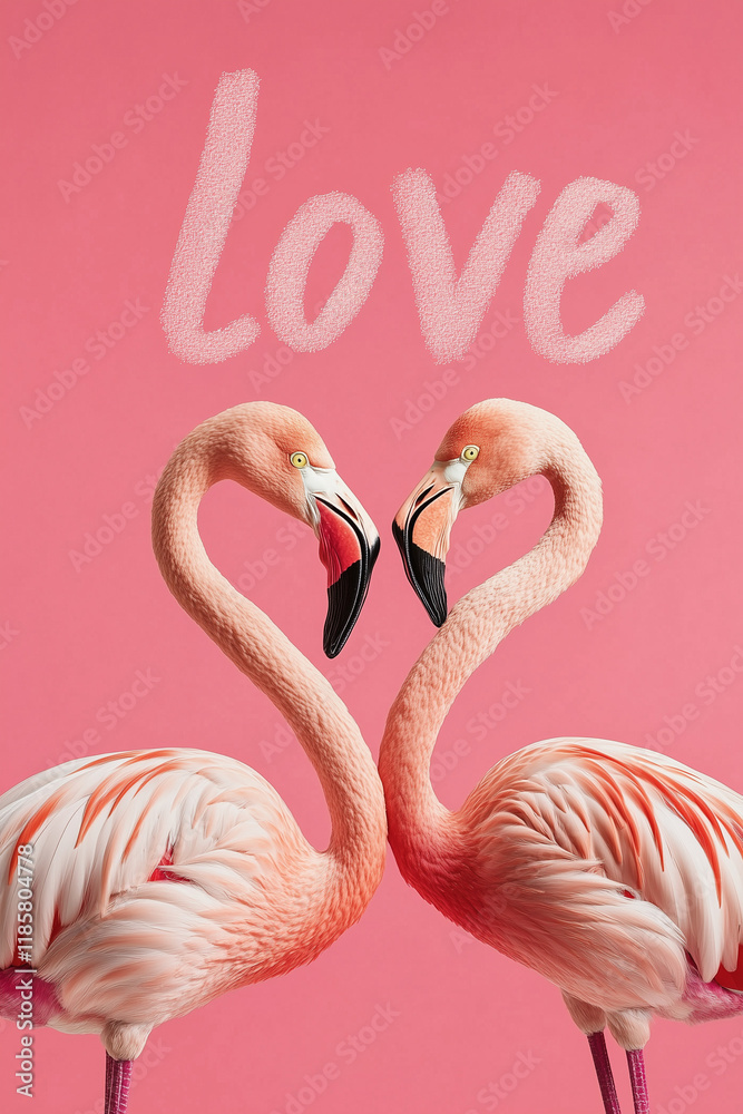 Obraz premium Two flamingos standing close to each other, their necks forming a heart shape. beautifully against a solid red background, creating a romantic and playful scene for Valentines Day card greeting poster