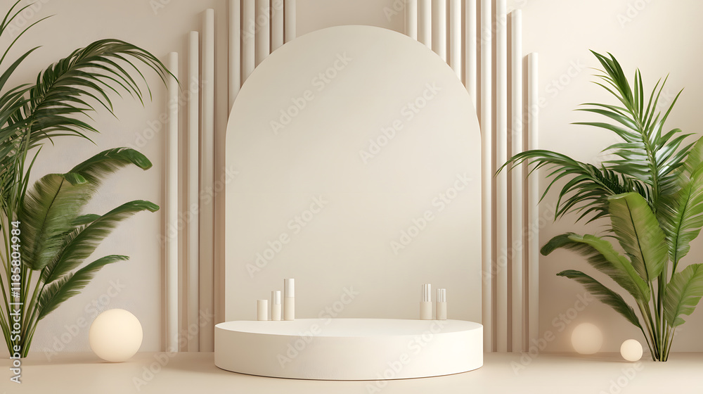 Fototapeta premium 3d background product display podium scene with leaf geometric platform, beige backdrop, and pedestal for showcasing cosmetics and retail products.