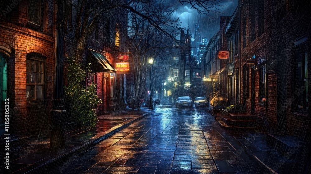 Obraz premium Rainy Night Cityscape: A Nocturnal Urban Streetscape in the Rain