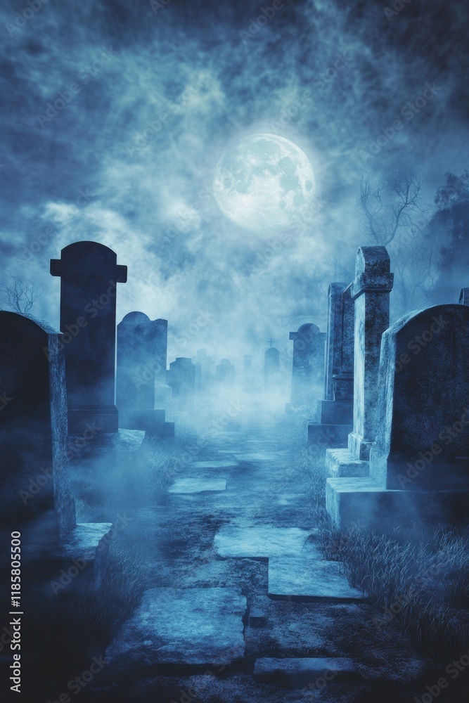 Foggy nighttime graveyard illuminated by moonlight with tombstones amidst swirling mist and clouds Foggy nighttime graveyard illuminated by moonlight with tombstones amidst swirling mist and clouds