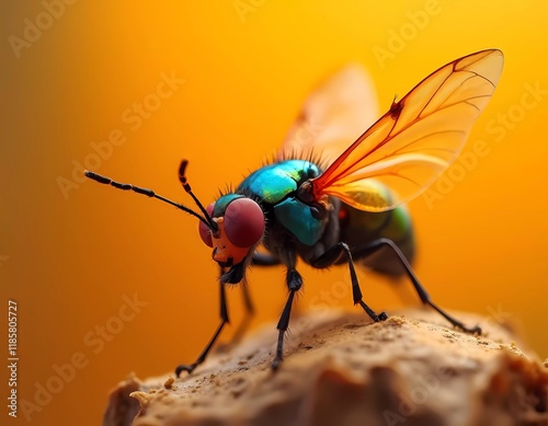 A detailed macro photograph of a fly, showcasing its red compound eyes, green metallic body, and transparent orange wings