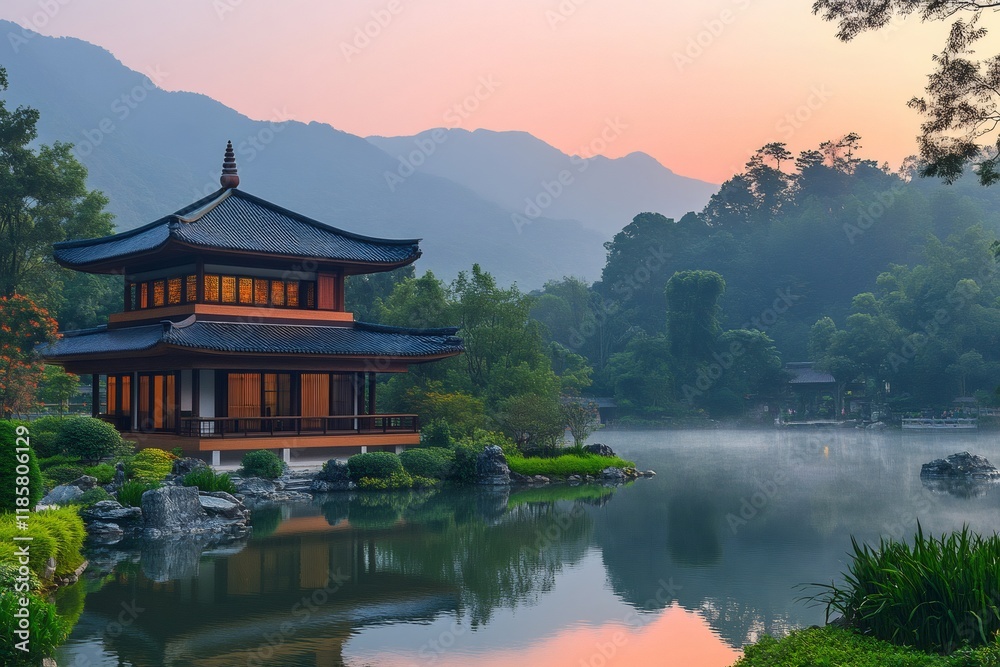 Naklejka premium Traditional japanese pagoda reflecting on calm lake at dawn