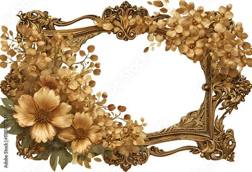 Golden Floral Frame: Ornate Baroque Frame Adorned with Exquisite Dried Flowers 