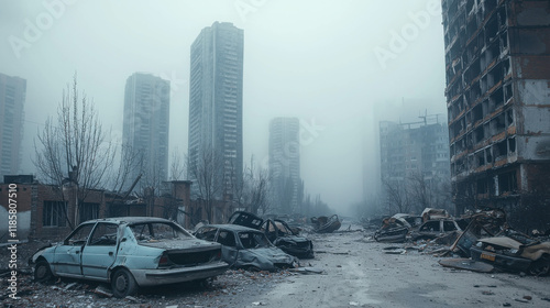 Abandoned Urban Landscape After Massive Destruction in Foggy Atmosphere photo