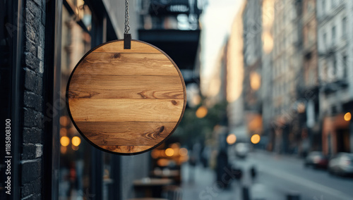 Blank white signboard hanging on the wall of a store in a city street, a mockup template. A round wooden frame with a round space for text or a logo. photo