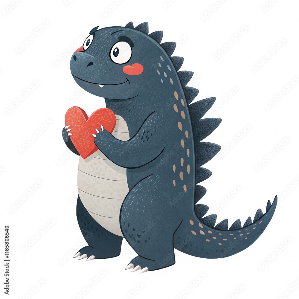 Naklejka premium A playful dinosaur character holding a red heart, showcasing a friendly and adorable expression.