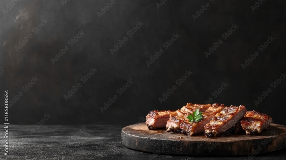 Juicy pork ribs with visible fat marbling on a dark backdrop, ideal for culinary text overlays. Juicy pork ribs with visible fat marbling on a dark backdrop, ideal for culinary text overlays.