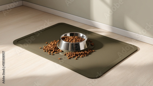 a dog stainless steel dog bow on feeding mat, made of textured silicone or rubber, with a subtle sheen, showcasing a sturdy, heavy duty design, placed on a light beige floor