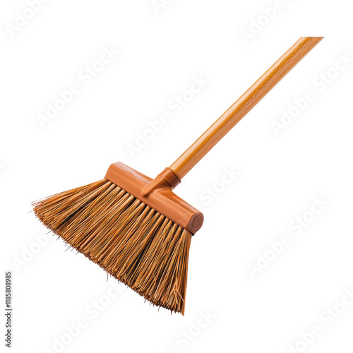 close-up of durable broom with soft bristles and wooden handle photo