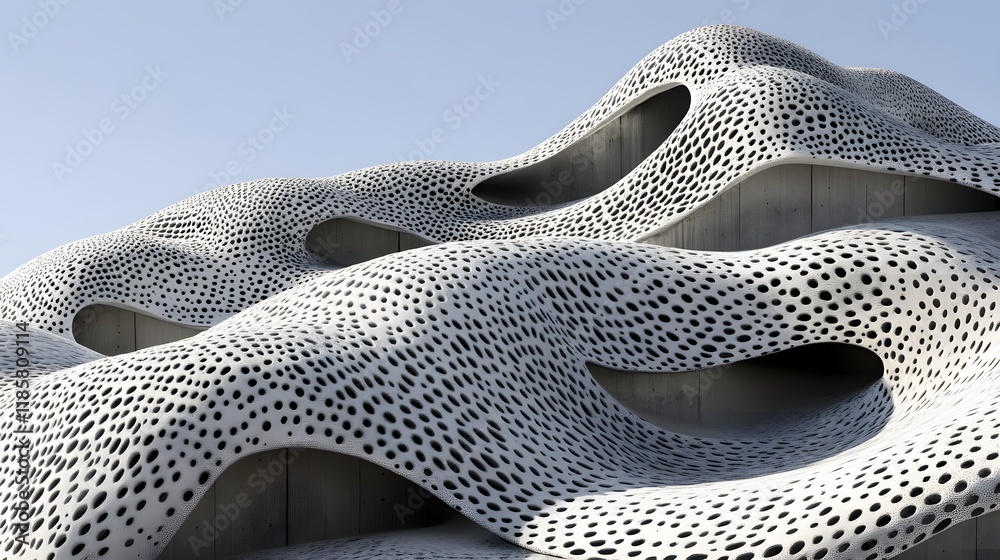Abstract Architectural Design Wave like Concrete Facade with Perforated Pattern Abstract Architectural Design Wave like Concrete Facade with Perforated Pattern