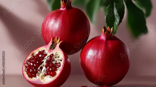 Three red pomegranates are displayed on a table. One of them is cut in half, revealing its juicy red interior. The other two pomegranates are whole and unopened photo