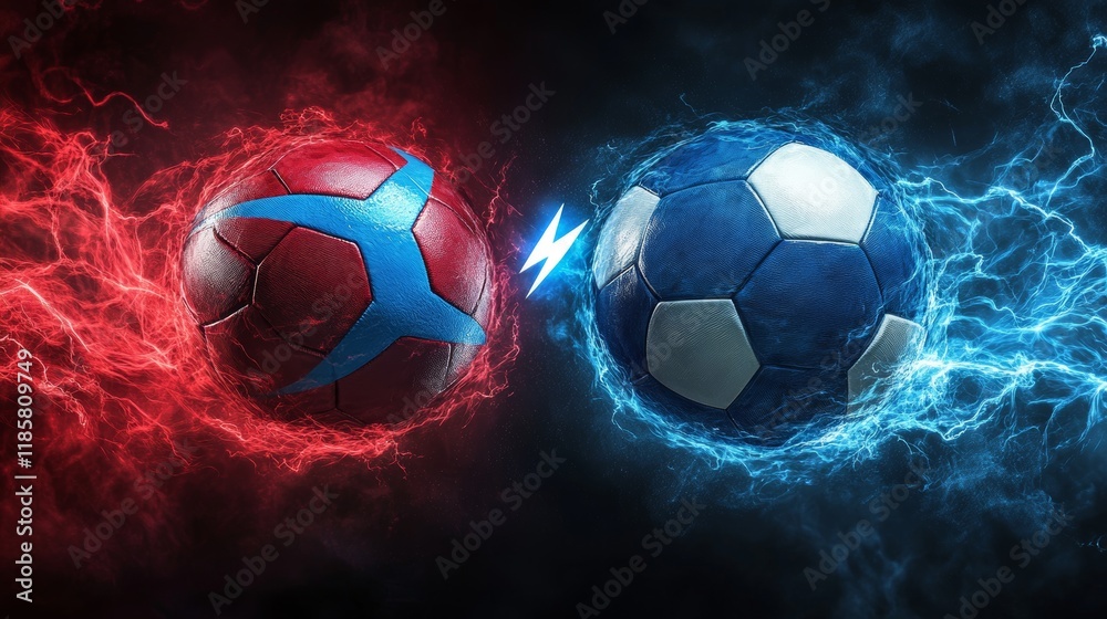 Naklejka premium Versus football vector banner. VS battle sports soccer illustration. Confrontation concept competition match game. Red and Blue ball with thunderbolt on dark background.