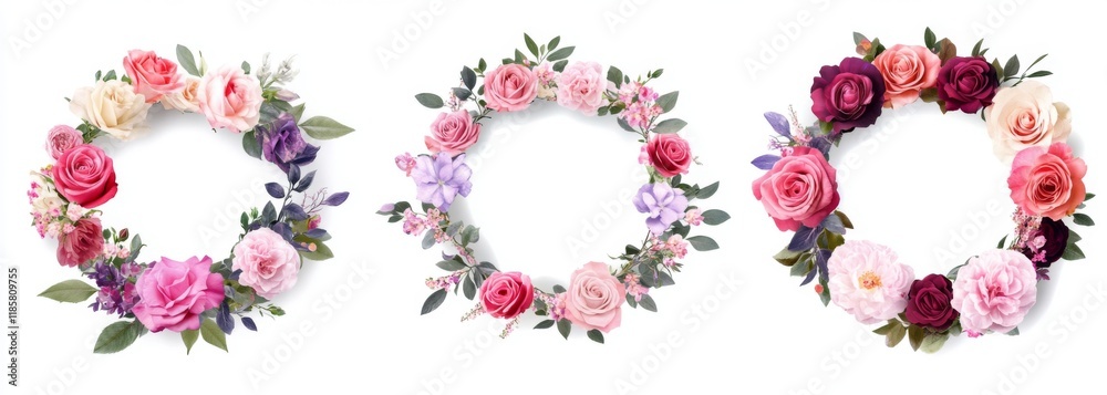 Elegant floral wreath mockup featuring roses and assorted blooms. Elegant floral wreath mockup featuring roses and assorted blooms.