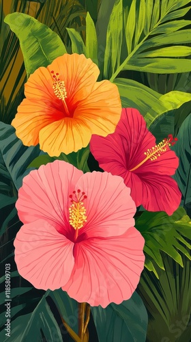 Vibrant Hibiscus Flowers Amid Lush Tropical Foliage