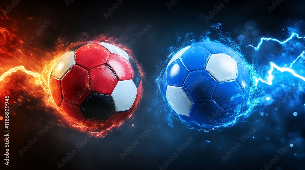Fototapeta premium Versus football vector banner. VS battle sports soccer illustration. Confrontation concept competition match game. Red and Blue ball with thunderbolt on dark background.