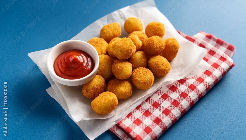 Crispy potato tots served with ketchup on blue background Crispy potato tots served with ketchup on blue background