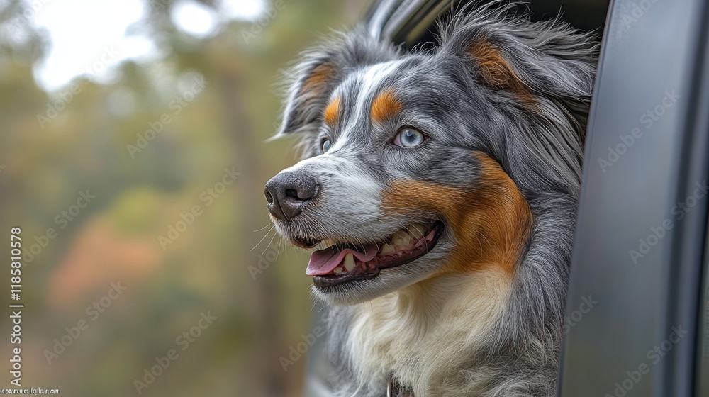 A happy dog with blue eyes leans out of a car window, enjoying the scenery. A happy dog with blue eyes leans out of a car window, enjoying the scenery.