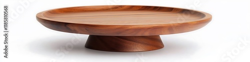 A modern wooden cake stand with clean lines and a polished surface, isolated on a white background, perfect for contemporary displays.
