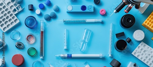 Laboratory Equipment and Supplies on Blue Background
