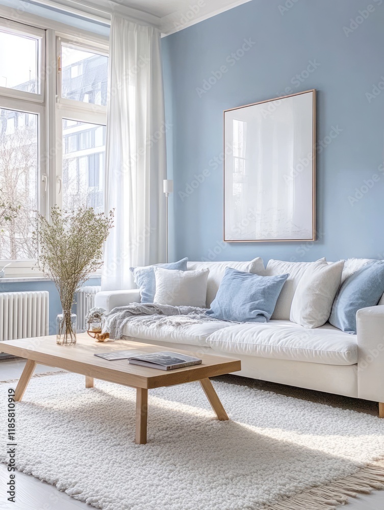 Fototapeta premium Modern living room with white sofa blue walls and natural light
