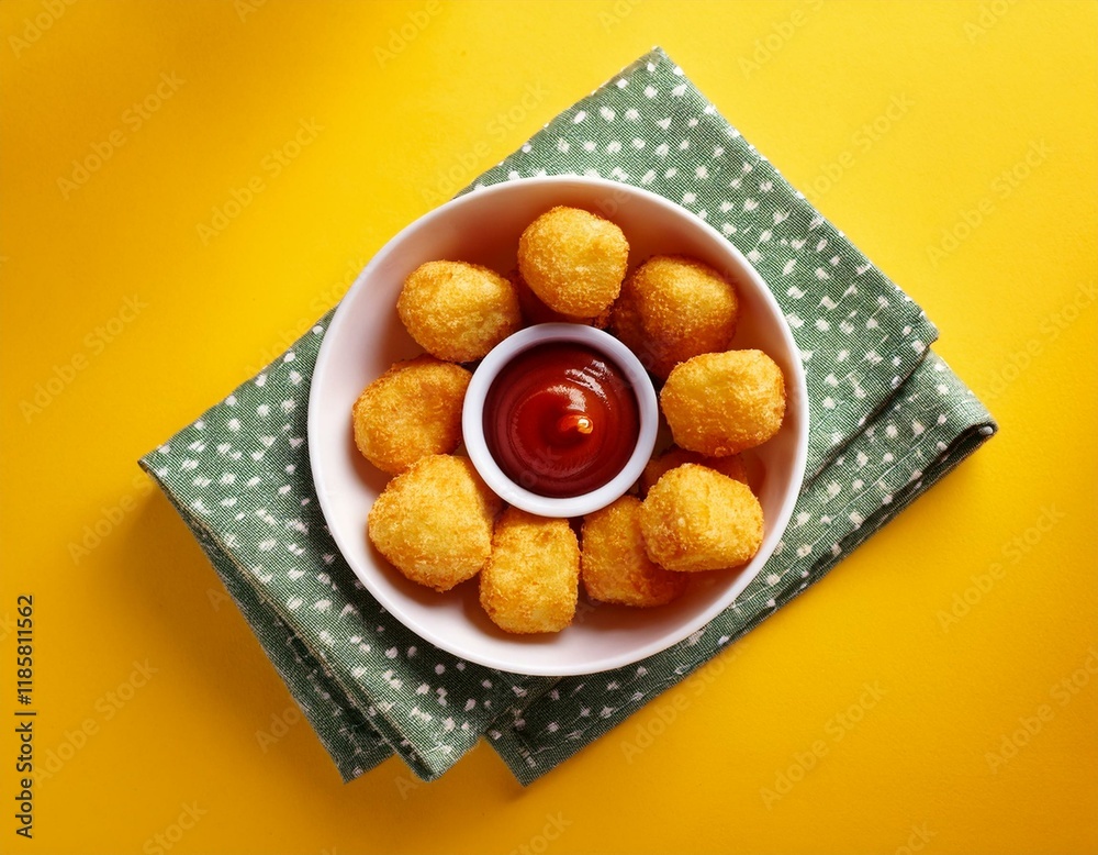 Crispy potato tots served with ketchup on yellow background Crispy potato tots served with ketchup on yellow background