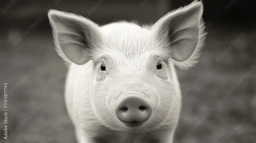 Close-up monochrome portrait of a young piglet looking directly at the camera. Close-up monochrome portrait of a young piglet looking directly at the camera.