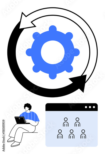 Gear encircled by arrows symbolizes automation. Includes person with laptop and grid of people representing teamwork and project management. Ideal for efficiency, innovation, tech workflow, business