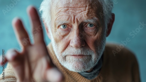 Senior man making stop gesture with hand photo