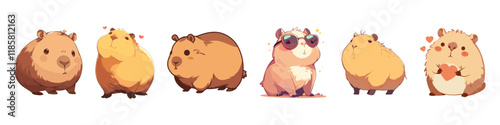 Adorable vector illustration featuring six capybaras with different playful expressions and poses. Perfect for kids' designs, educational materials, and more creative projects.
