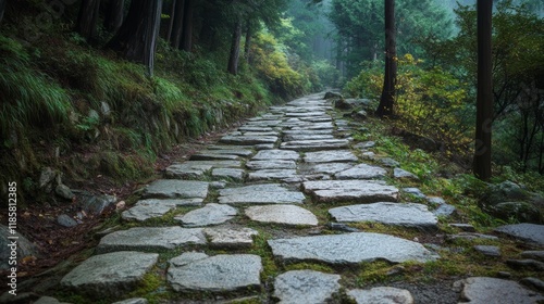 Walking the cobblestone road following the Nakasendo trail between Tsumago and Magome in Kiso Valley, Japan. photo