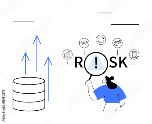 Magnifying glass over the word risk highlighting danger icons growth arrows pointing from a database. Ideal for data analysis, financial risk, process monitoring, tech growth, decision-making