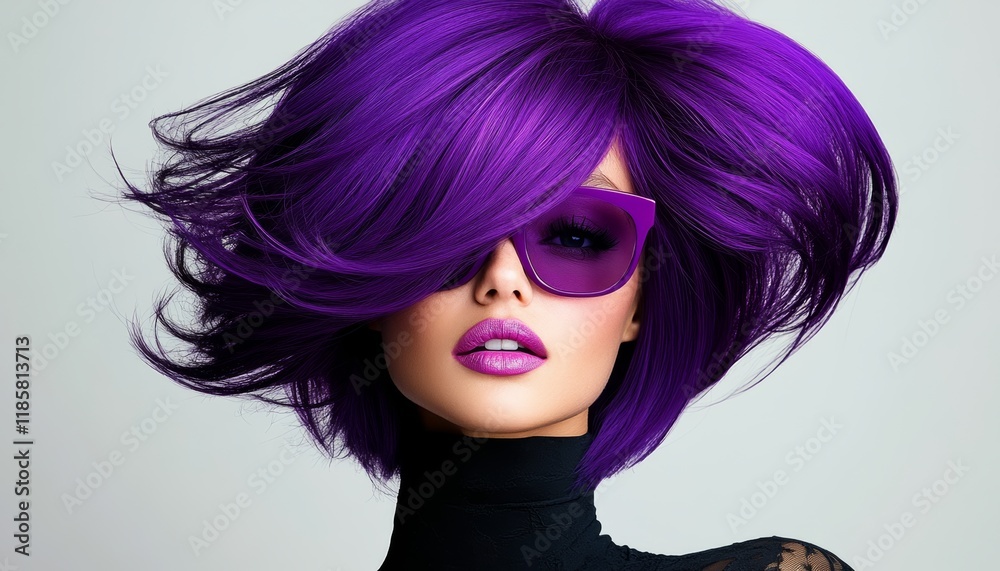 Obraz premium Woman with purple hair and sunglasses. She is wearing a black shirt and a black hat