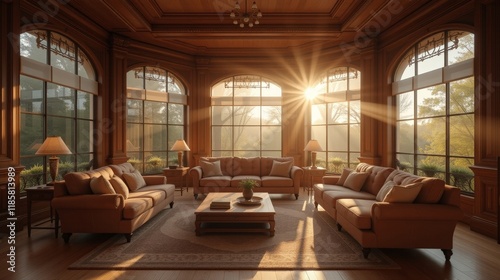 Luxurious Living Room Bathed in Morning Sun with Wooden Decor and Sofas photo