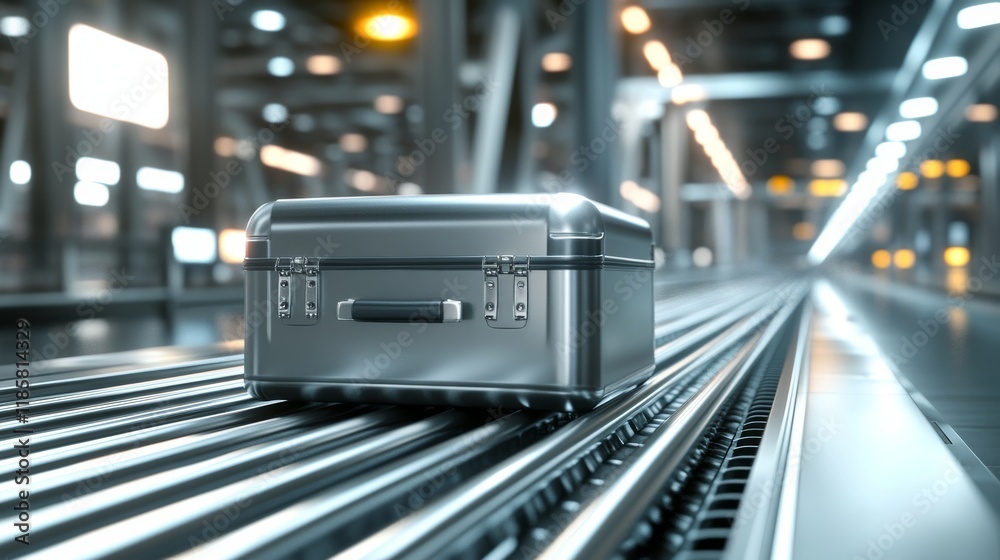 Obraz premium Wheeled suitcase on a luggage belt at the airport terminal.