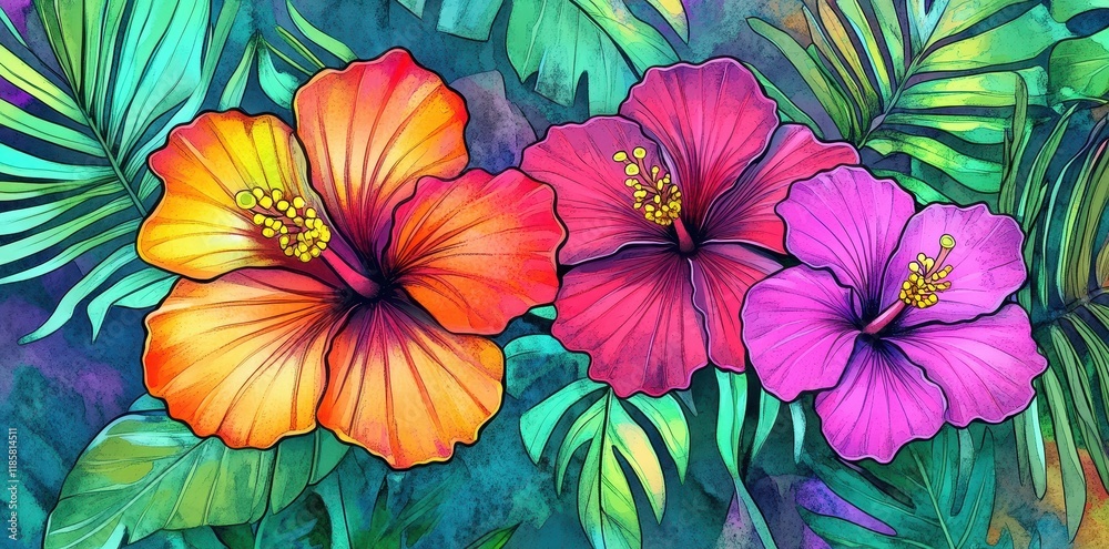 custom made wallpaper toronto digitalVibrant Hibiscus Flowers Amid Lush Tropical Foliage