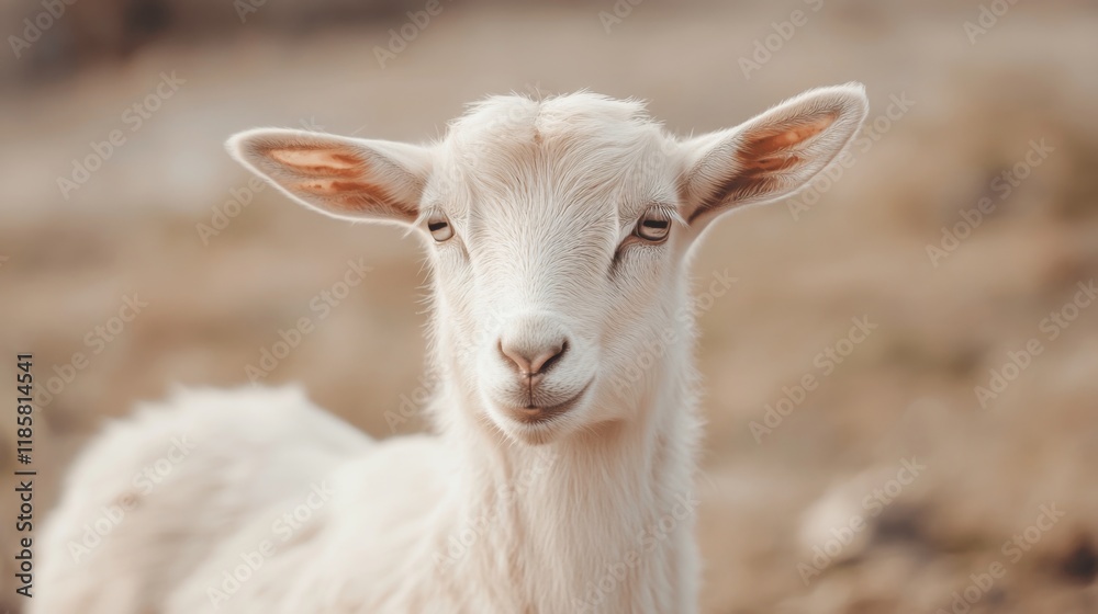 Close-up of an adorable white baby goat looking directly at the camera. Close-up of an adorable white baby goat looking directly at the camera.
