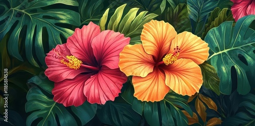 Vivid Hibiscus Blooms Amid Lush Tropical Foliage