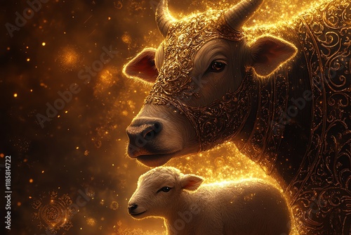 Golden Cow and Lamb: A Radiant, Mystical Artwork