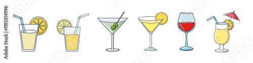 Illustration of Classic Cocktails and Refreshing Drinks - A colorful illustration featuring six beverages, including lemonade, martinis, wine, and tropical cocktails with garnishes and straws.