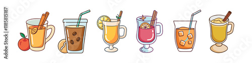 Illustration of Warm and Cold Beverage Varieties - A colorful illustration showcasing six different beverages, including hot and iced drinks with garnishes like cinnamon sticks and fruit.