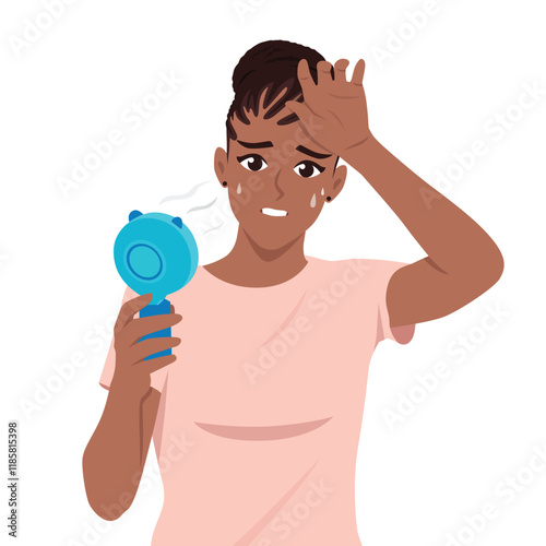 Young woman holding portable fan blowing her sweaty face. Flat vector character illustration