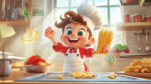 Little chef, cooking class certificate or diploma. Italian pasta characters. Vector appreciation frame with cartoon macaroni, spaghetti, rigatoni, and konkiloni, farfalle, fettuccine or cornetti