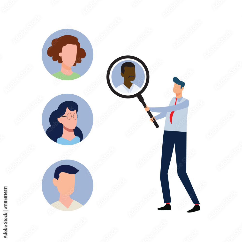 HR manager searching best candidates with magnifying glass. Job recruitment process. Finding new employee. Recruitment, hiring process. Human resources HR manager searching best candidates with magnifying glass. Job recruitment process. Finding new employee. Recruitment, hiring process. Human resources