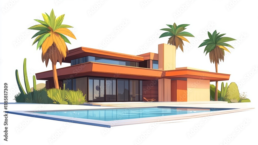 Fototapeta premium 3d rendering of modern cozy house with pool and parking for sale or rent in luxurious style. Isolated on white